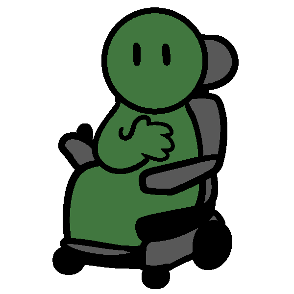 A green figure in a gray power chair, with one hand on their chest.